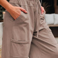 Mineral Wash Exposed Seam Drawstring Elastic Waistband Wide Leg Cargo Pants