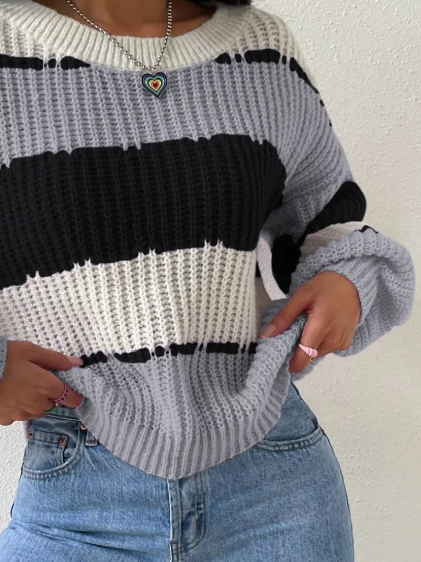 Striped Knit Round Neck Sweater
