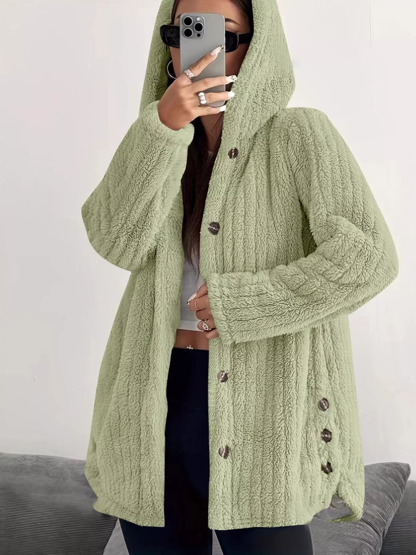 Full Size Fleece Button Up Hooded Outerwear Plus Size Green