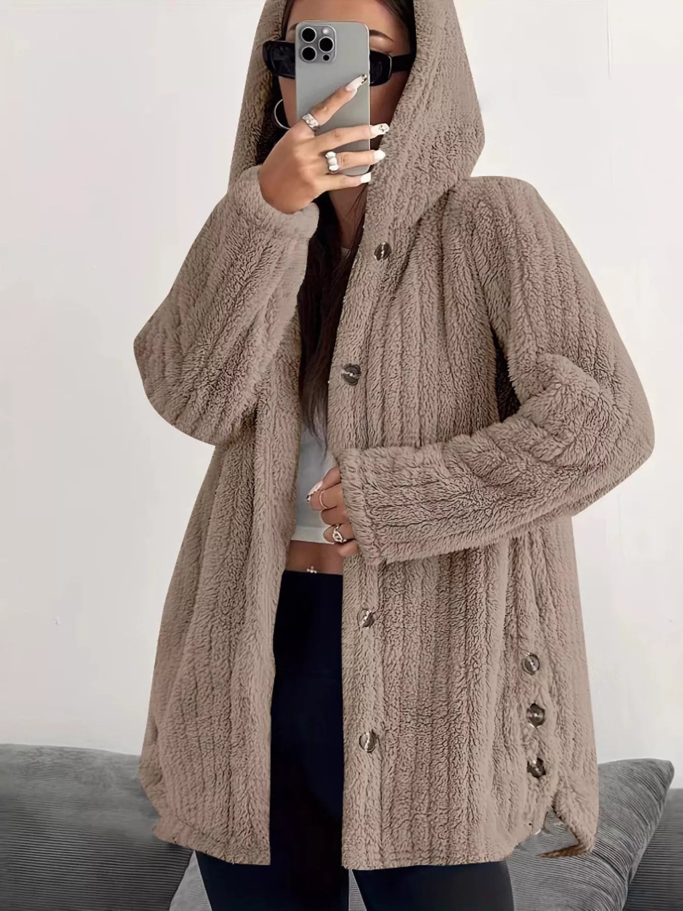 Full Size Fleece Button Up Hooded Outerwear Plus Size Camel