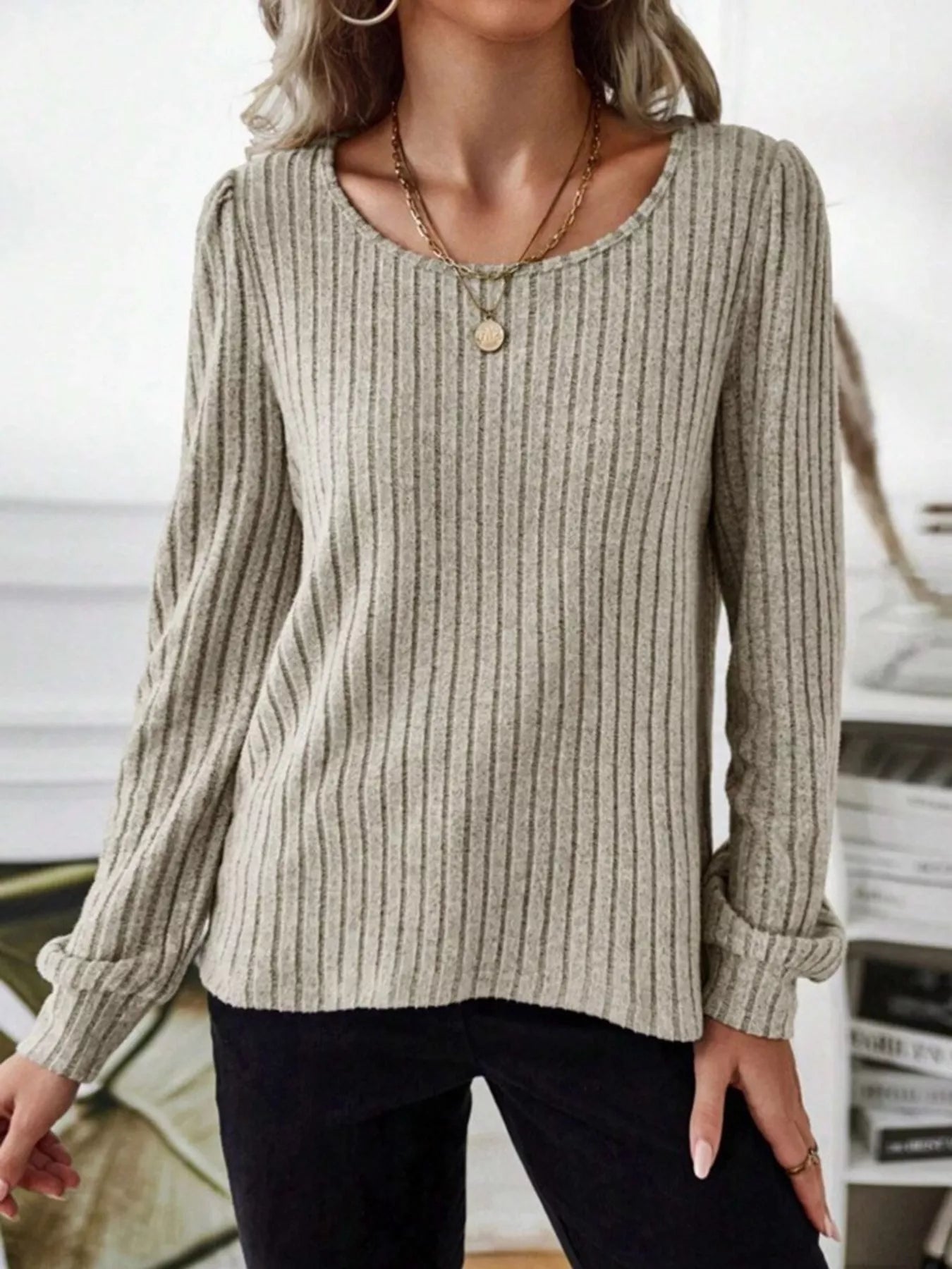 Ribbed Knit Long Sleeve T-Shirt