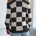 Cold Shoulder Checkered Long Sleeve Sweater