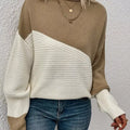 Color Block Ribbed Knit Sweater Khaki