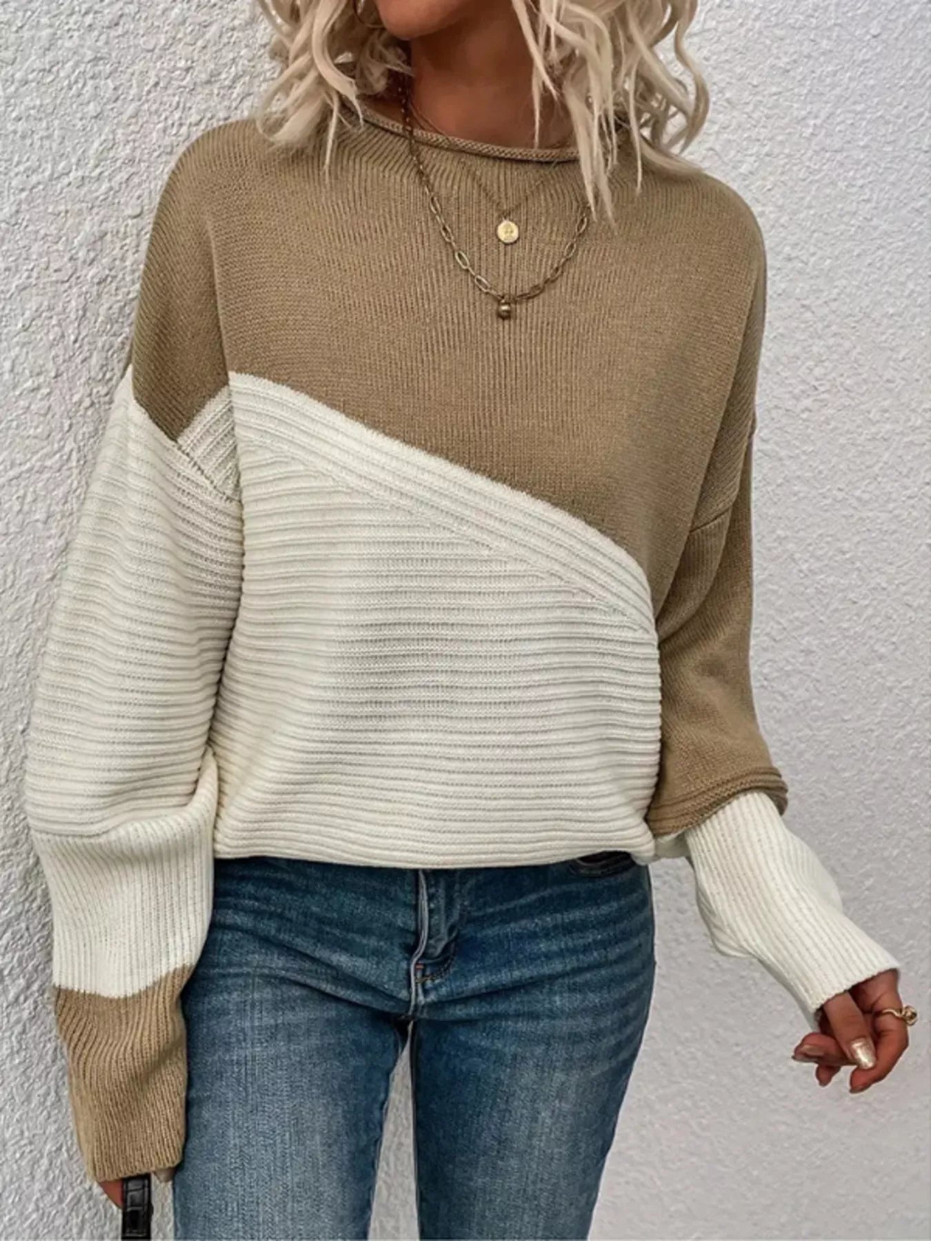Color Block Ribbed Knit Sweater Khaki