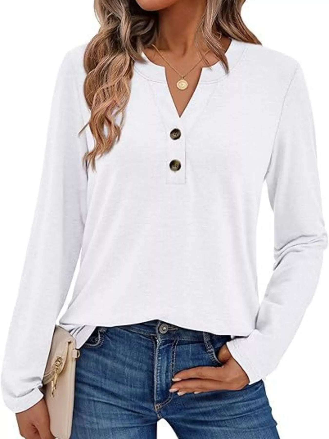 Casual Long Sleeve Button Detail T-Shirt Gray white