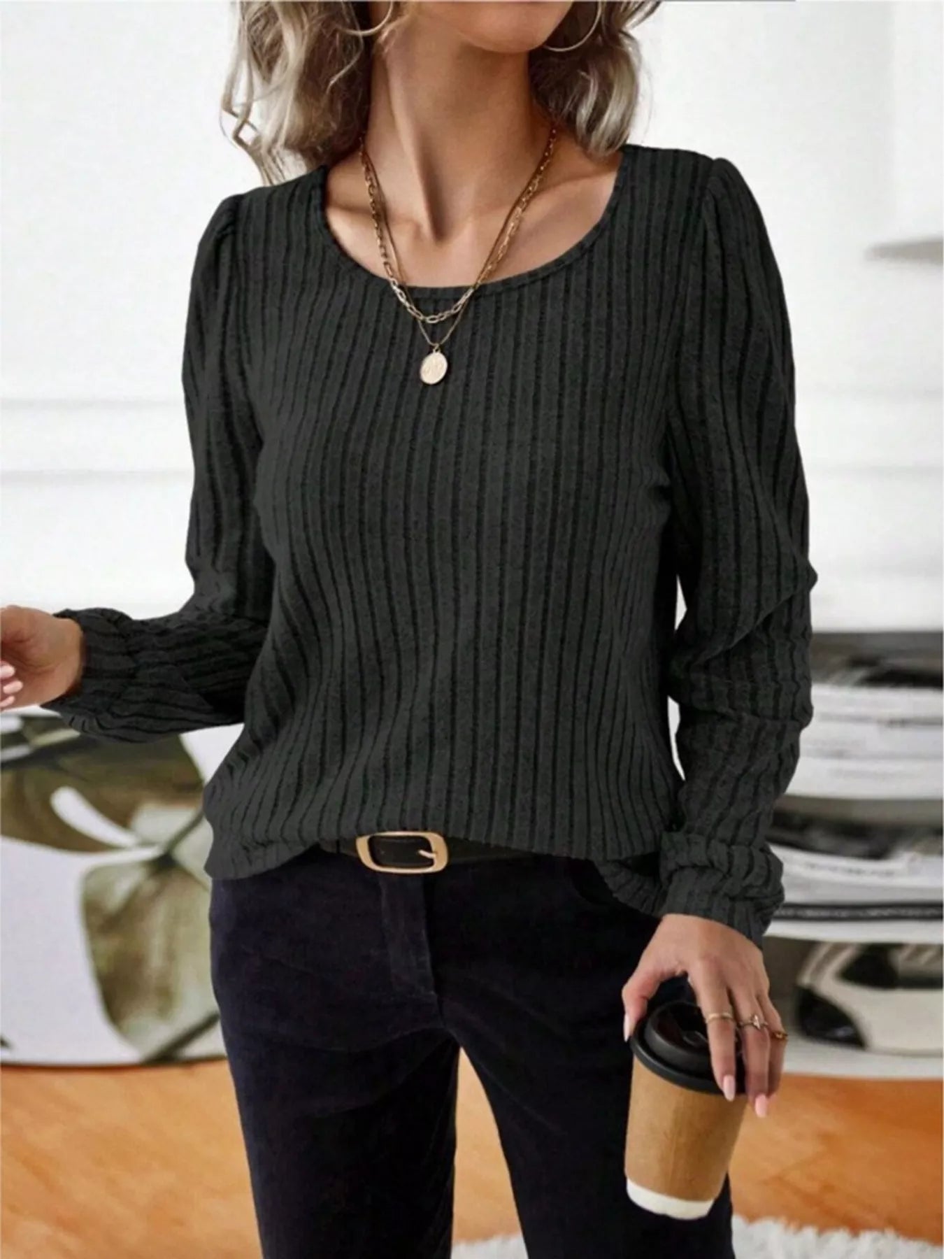 Ribbed Knit Long Sleeve T-Shirt