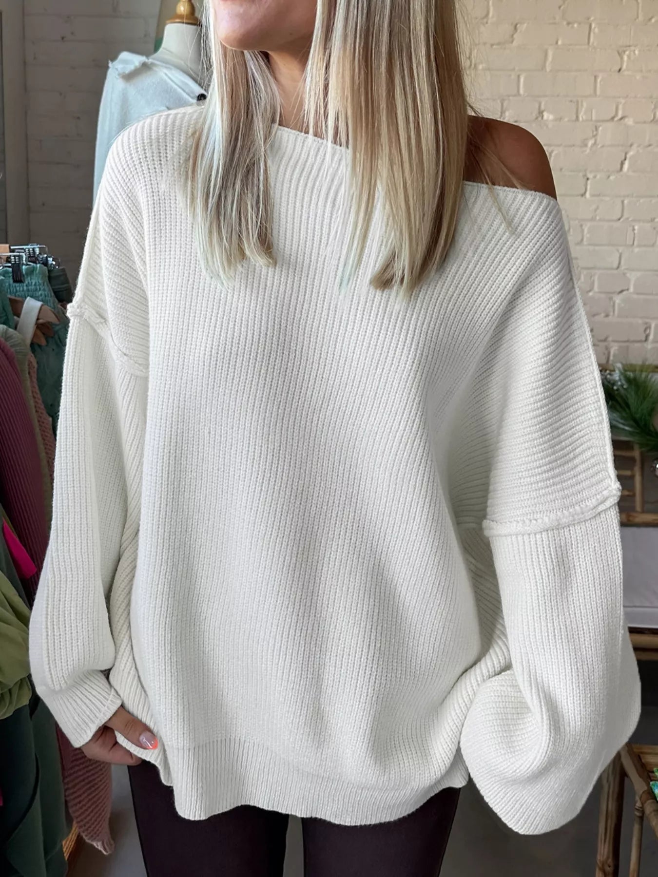 One Shoulder Ribbed Knit Sweater White