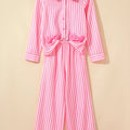 Stripe Buttoned Front Long Sleeve Top and Pants 2 Piece Sleepwear