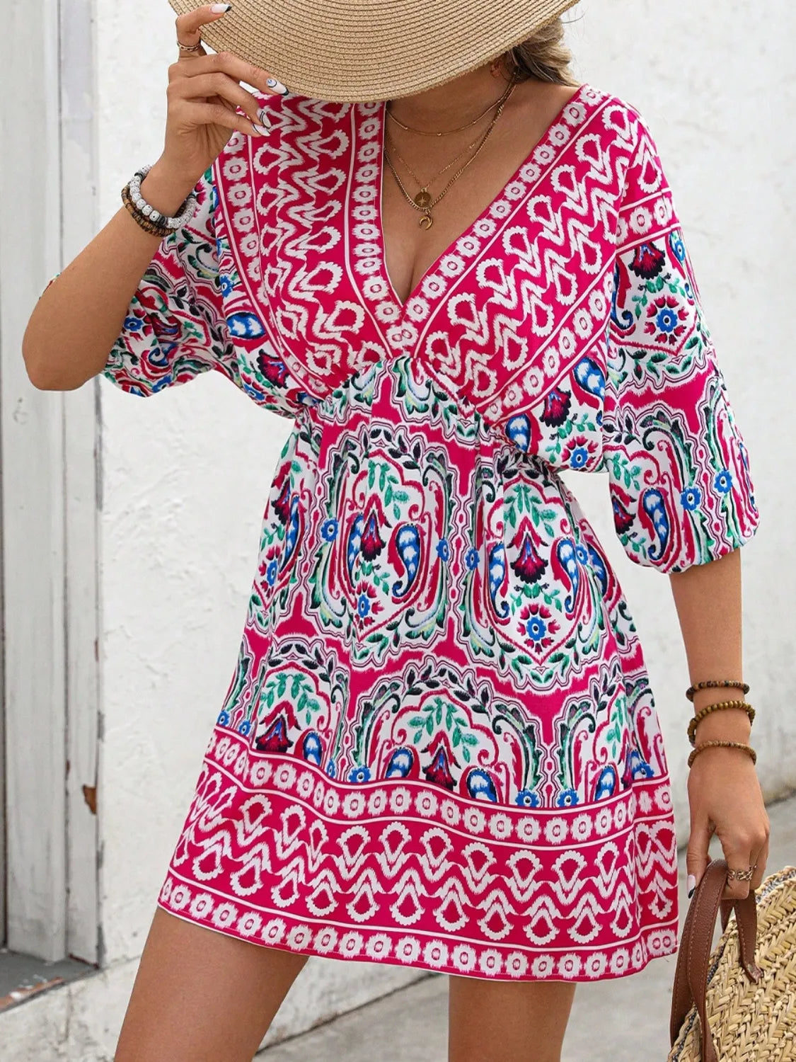 Printed Tie Back Half Sleeve Mini Dress Hot Pink