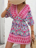 Printed Tie Back Half Sleeve Mini Dress Hot Pink