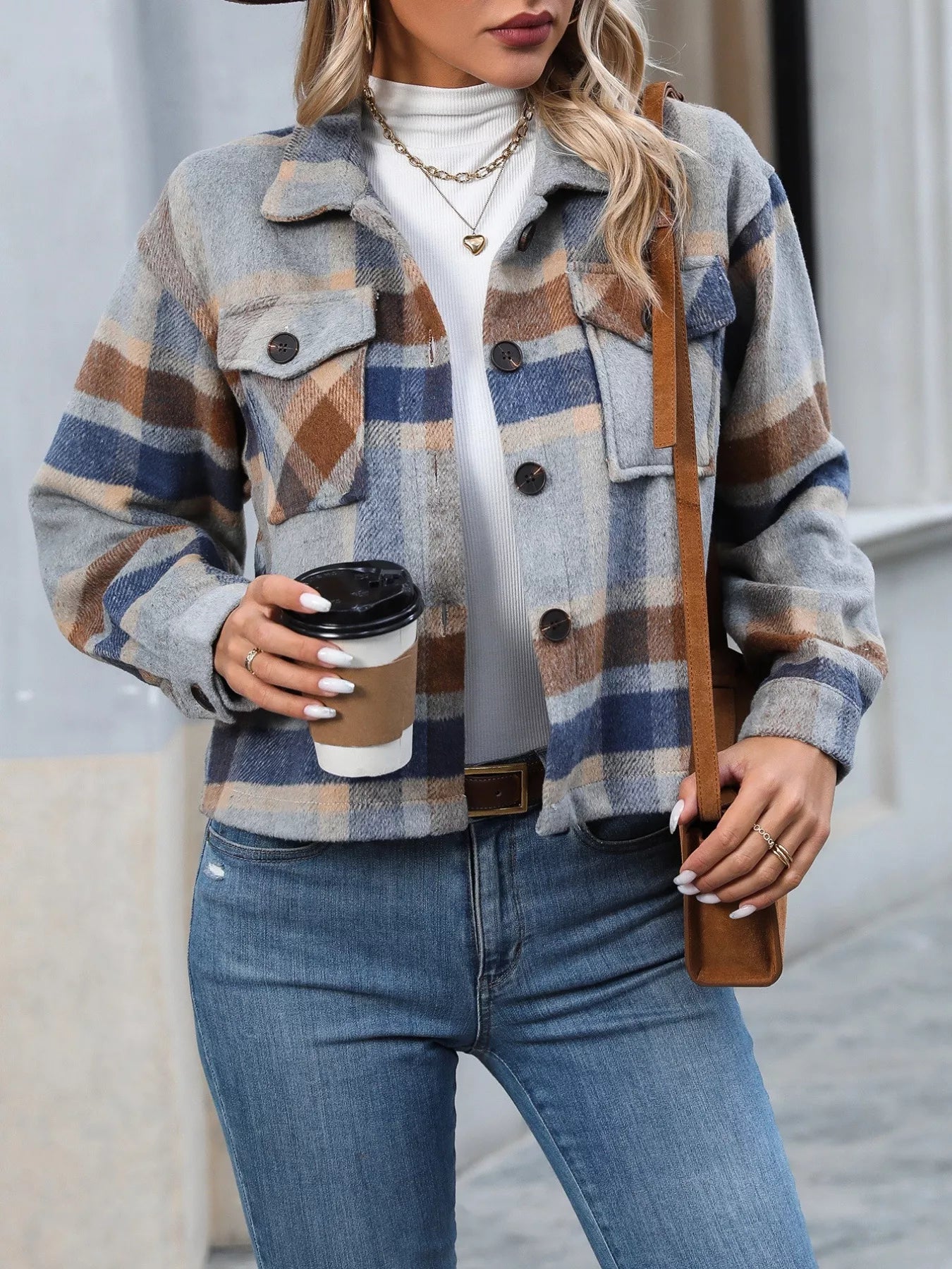 Plaid Oversized Button-Up Cropped Jacket Taupe