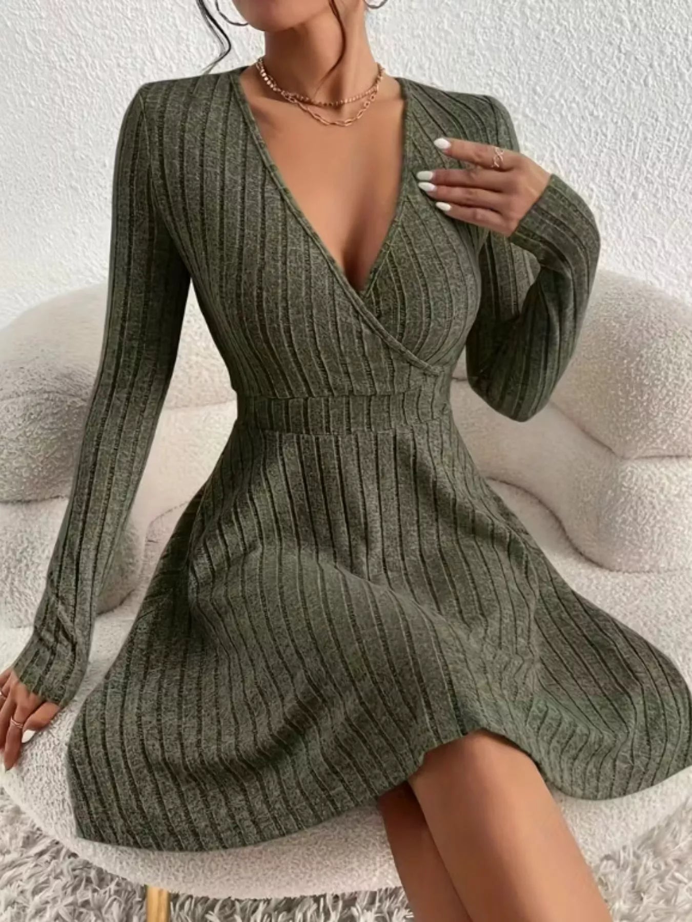 Ribbed Knit Wrap Mini Dress
