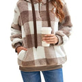 Full Size Plaid Sherpa Drawstring Hoodie Plus Size Brown