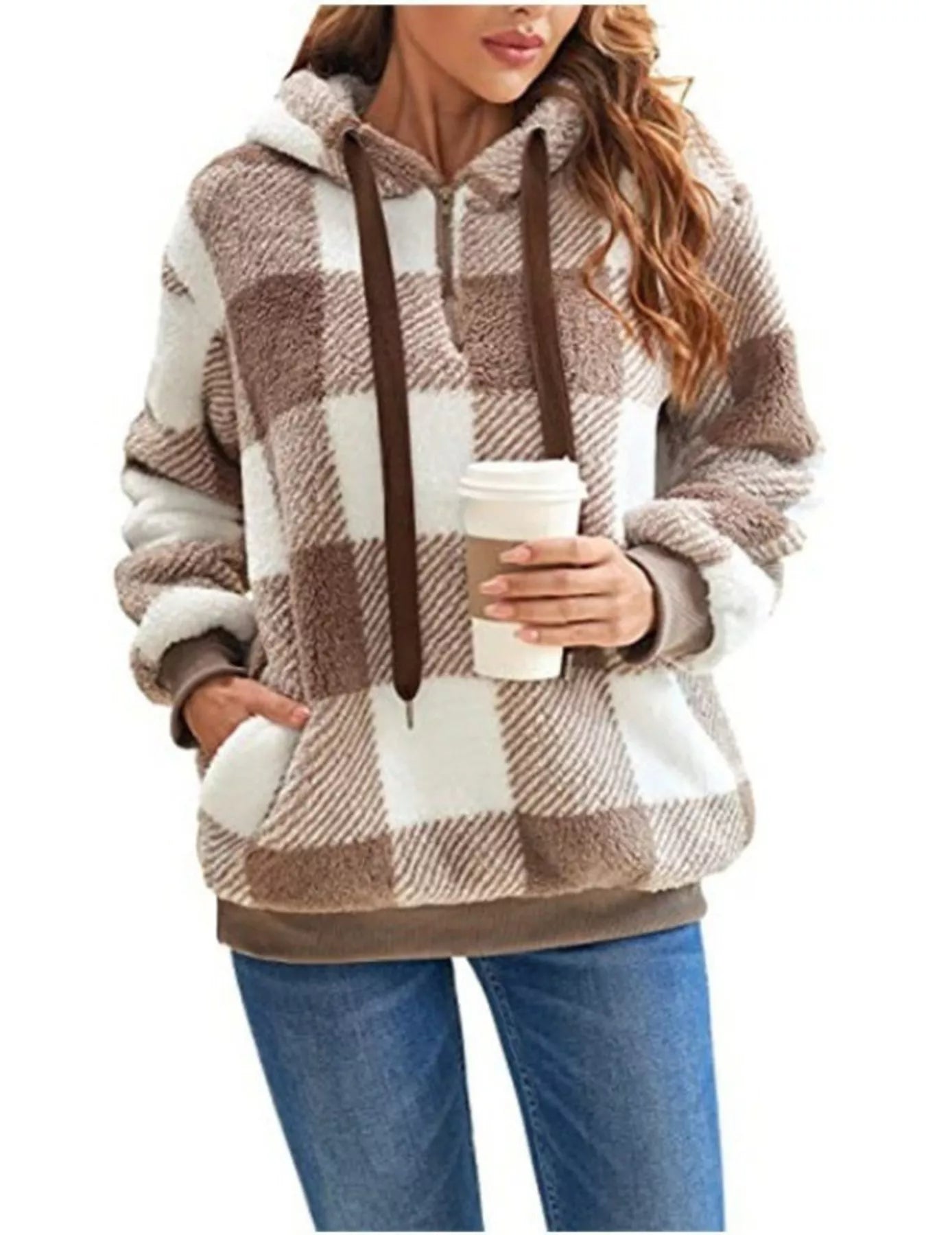 Full Size Plaid Sherpa Drawstring Hoodie Plus Size Brown