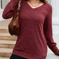 V-Neck Textured Knit Long Sleeve T-Shirt
