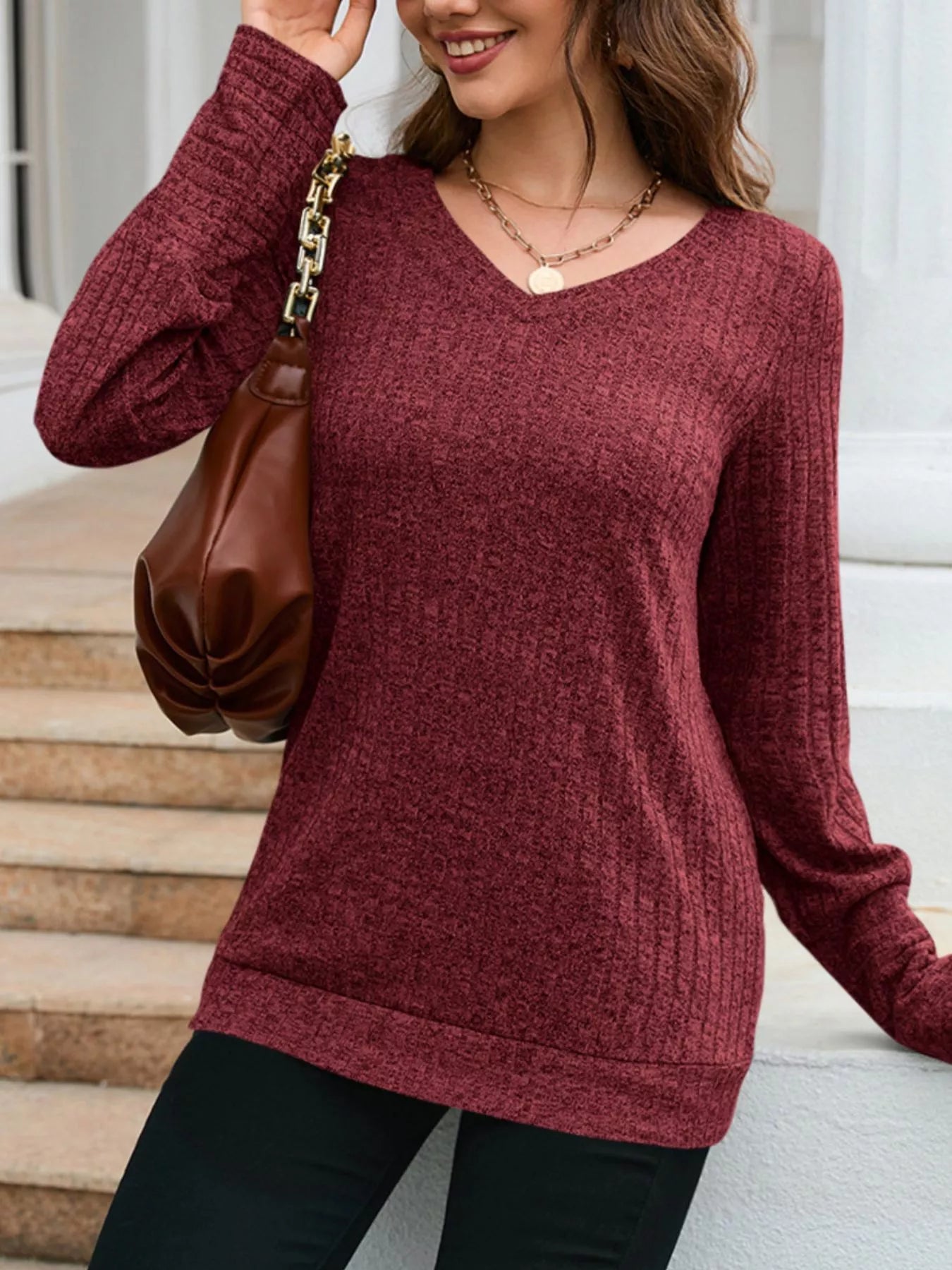 V-Neck Textured Knit Long Sleeve T-Shirt