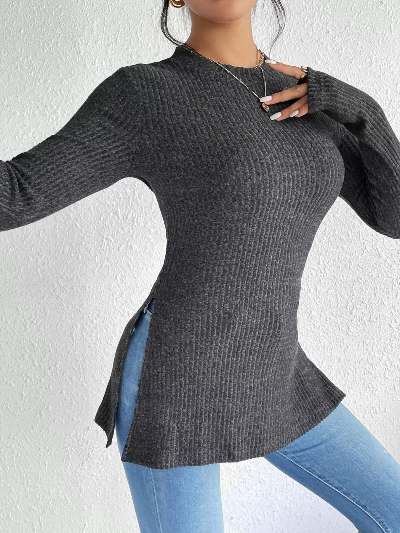 Slit Round Neck Long Sleeve T-Shirt