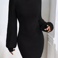 Turtleneck Ribbed Knit Sweater Dress Black