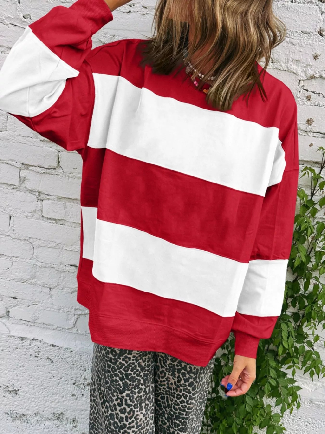 Colorblock Drop Shoulder Baggy Sweatshirt Scarlet