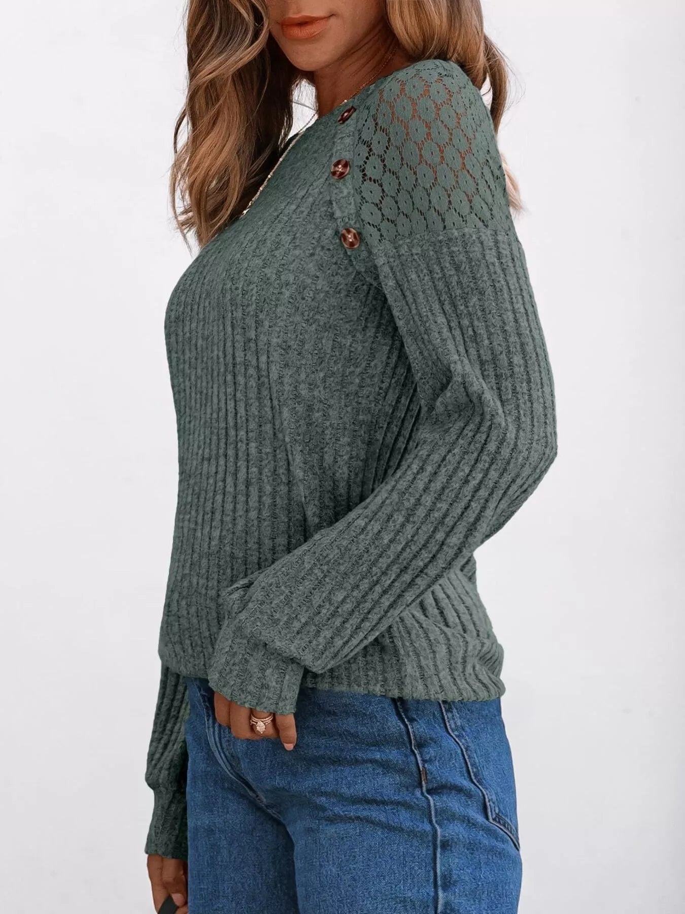 Ribbed Knit T-Shirt with Lace Shoulder Detail