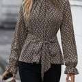 Printed Tie-Waist Flounce Sleeve Blouse