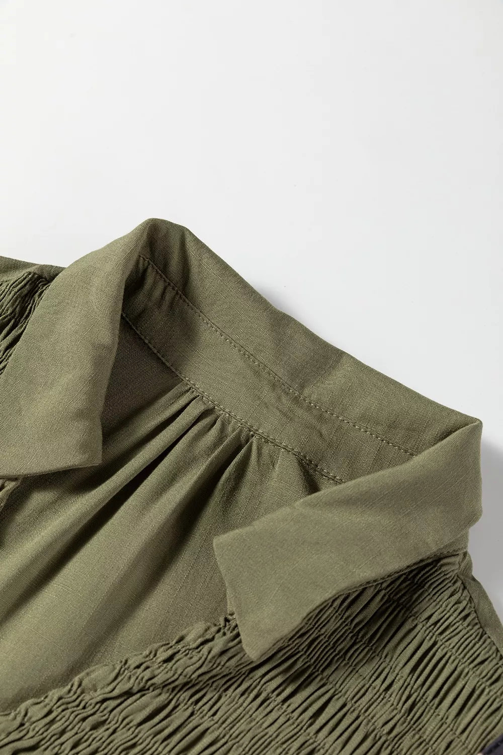 Collared V Neck Smocked Detail Contrast Leopard Trim Dress