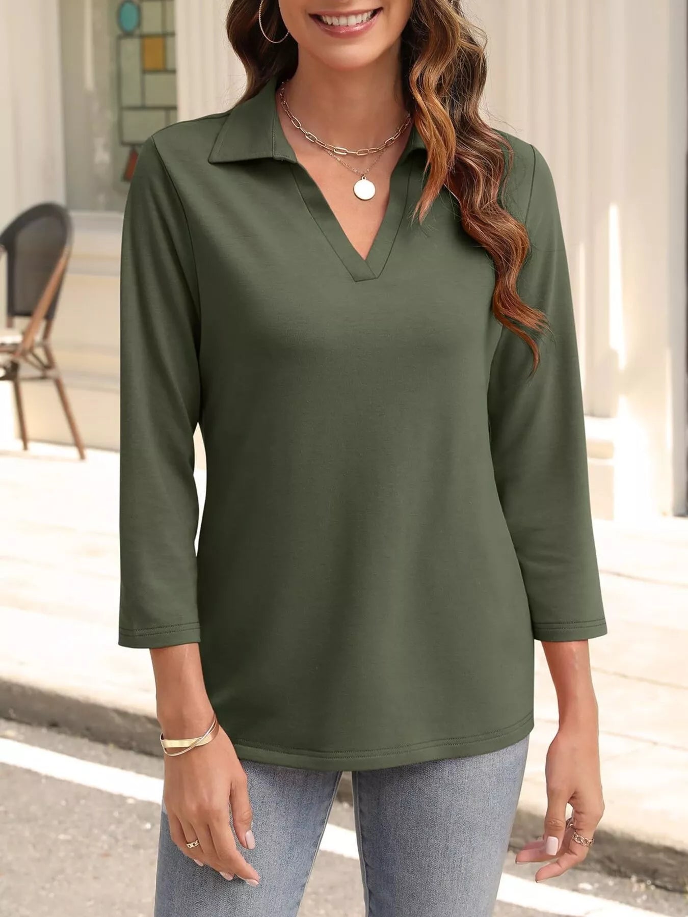 Johnny Collar Solid Color Top Army Green