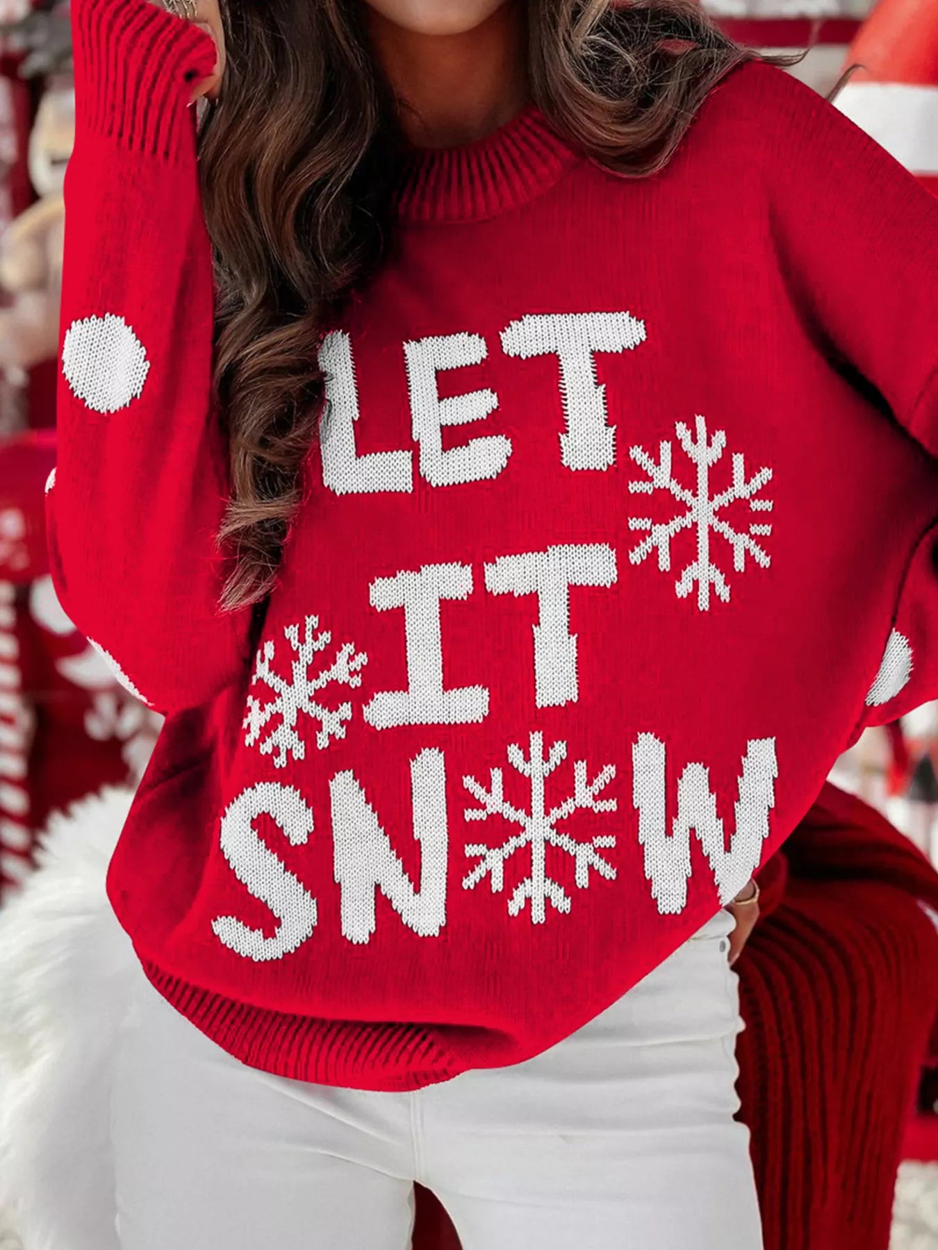 LET IT SNOW Christmas Loose Sweater Red Dahlia