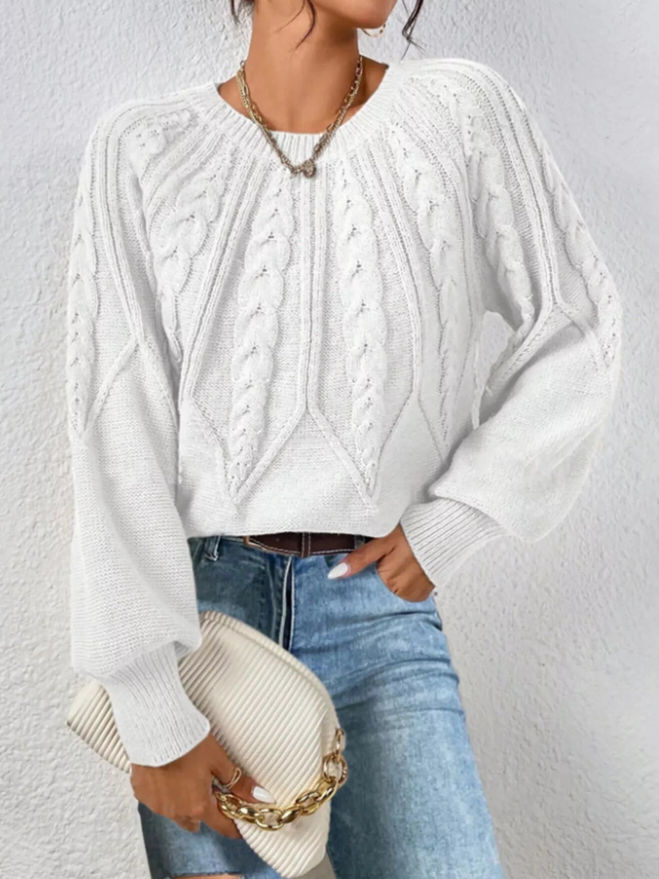 Cable Knit Long Sleeve Sweater White