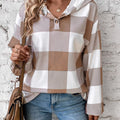 Casual Plaid Button Detail Hoodie Khaki