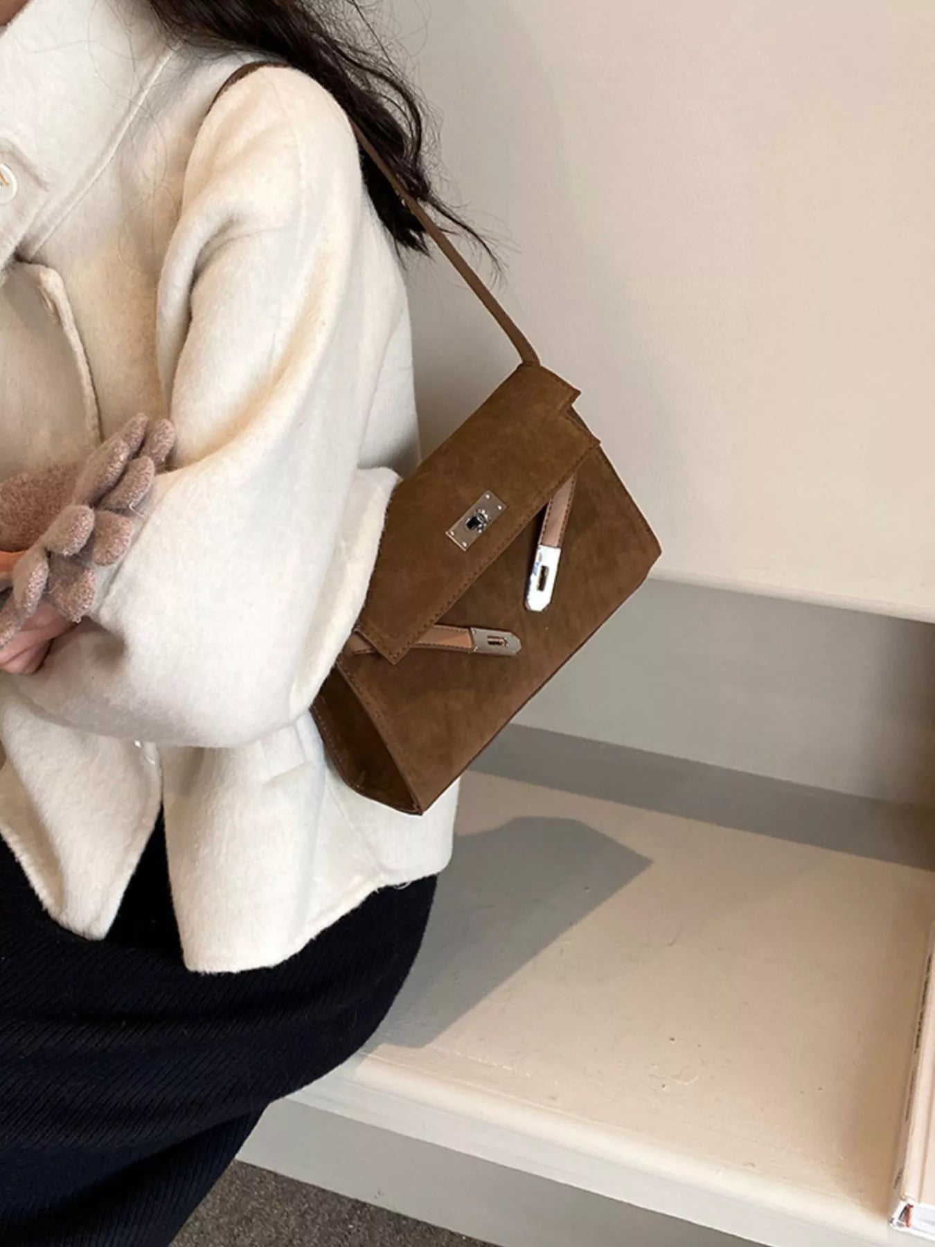 Solid Color Buckle Shoulder Bag