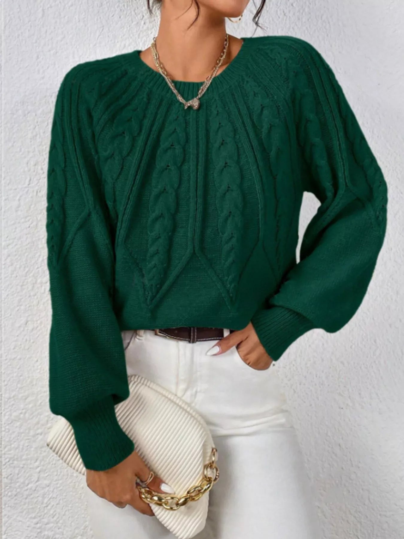Cable Knit Long Sleeve Sweater Dark Green