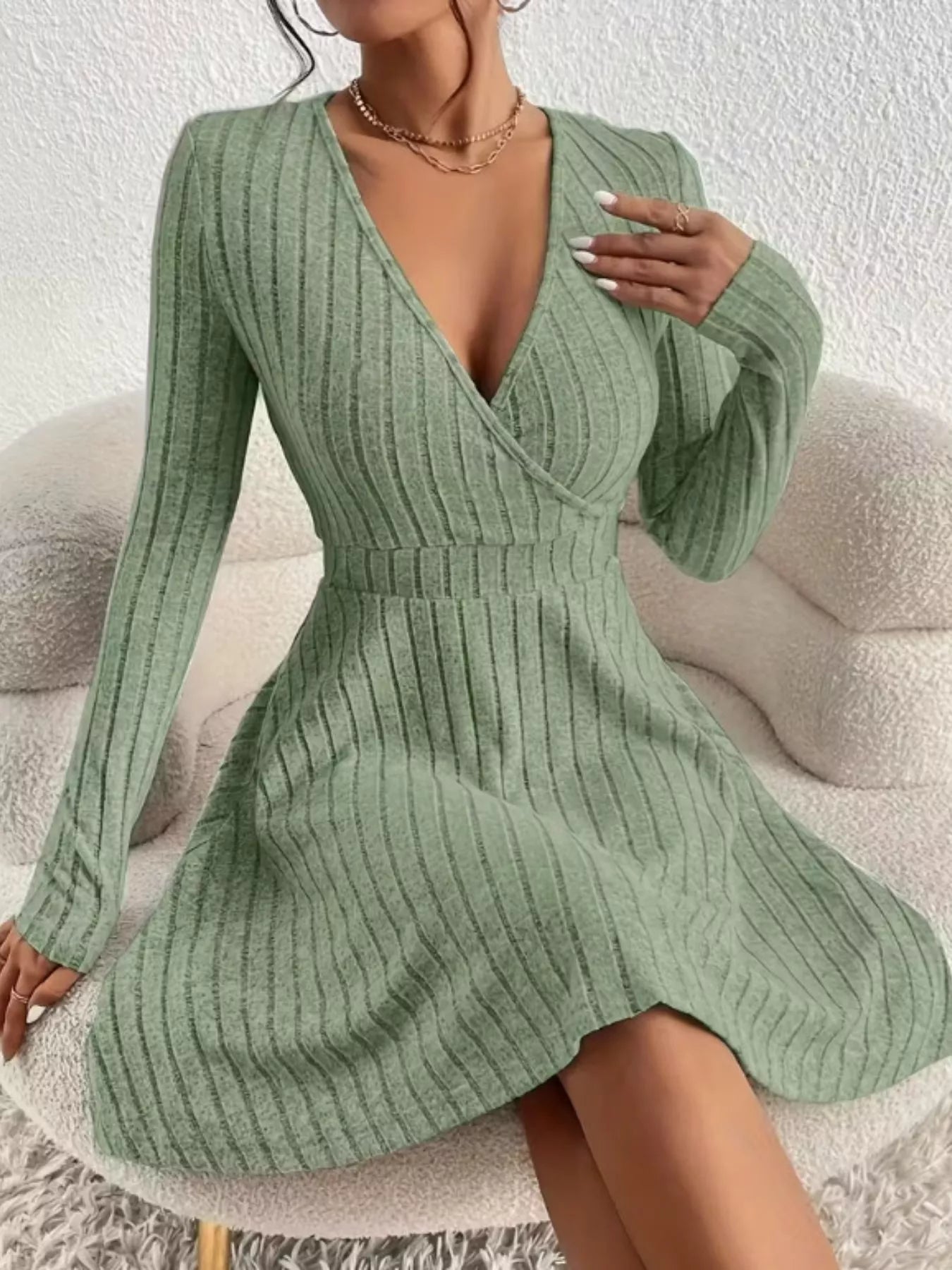 Ribbed Knit Wrap Mini Dress Sage