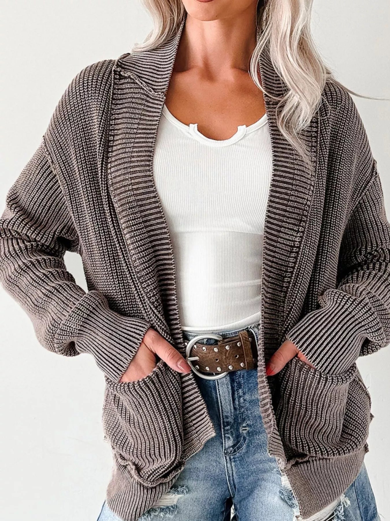 Mineral Wash Exposed Seam Patchwork Knit Open Sweater Cardigan