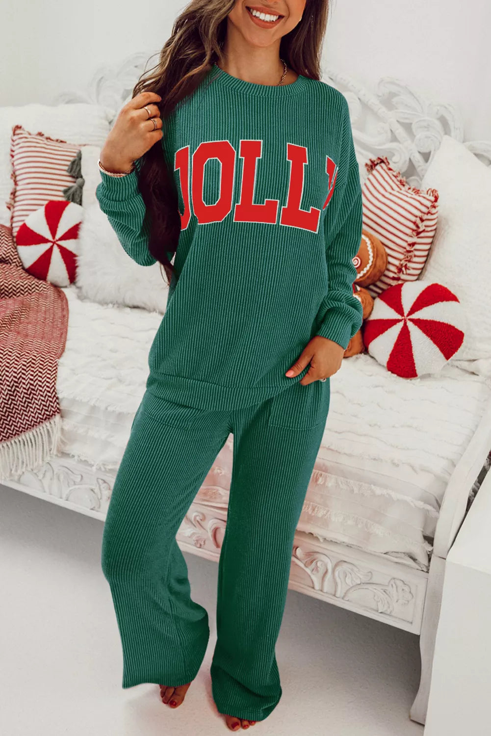 Jolly Christmas Top and Drawstring Pants Set Dark Green