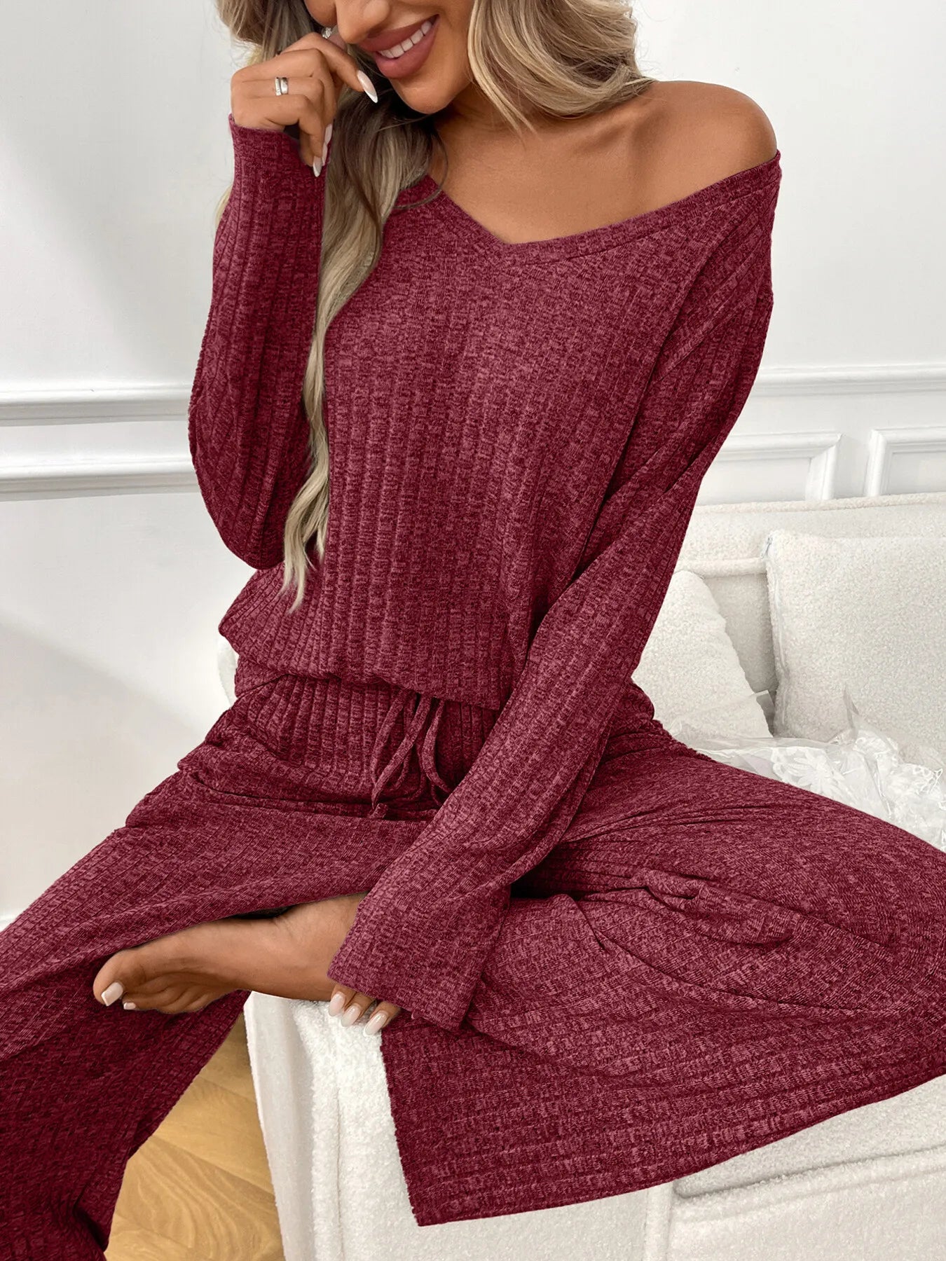 Ribbed Long Sleeve Top and Pants Lounge Set