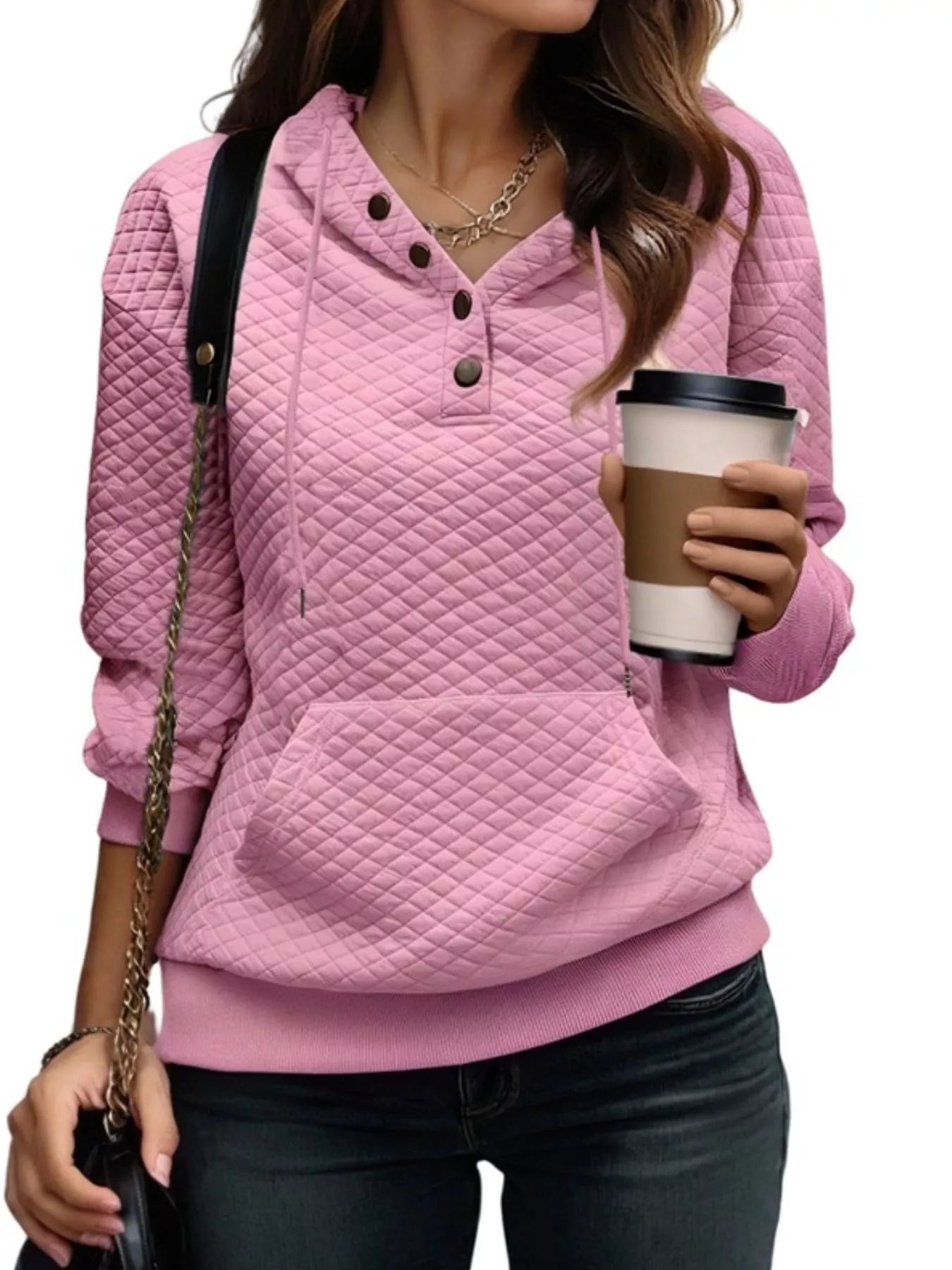 Drawstring Textured Dropped Shoulder Hoodie Pink