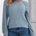 Ribbed Knit T-Shirt with Lace Shoulder Detail Blue