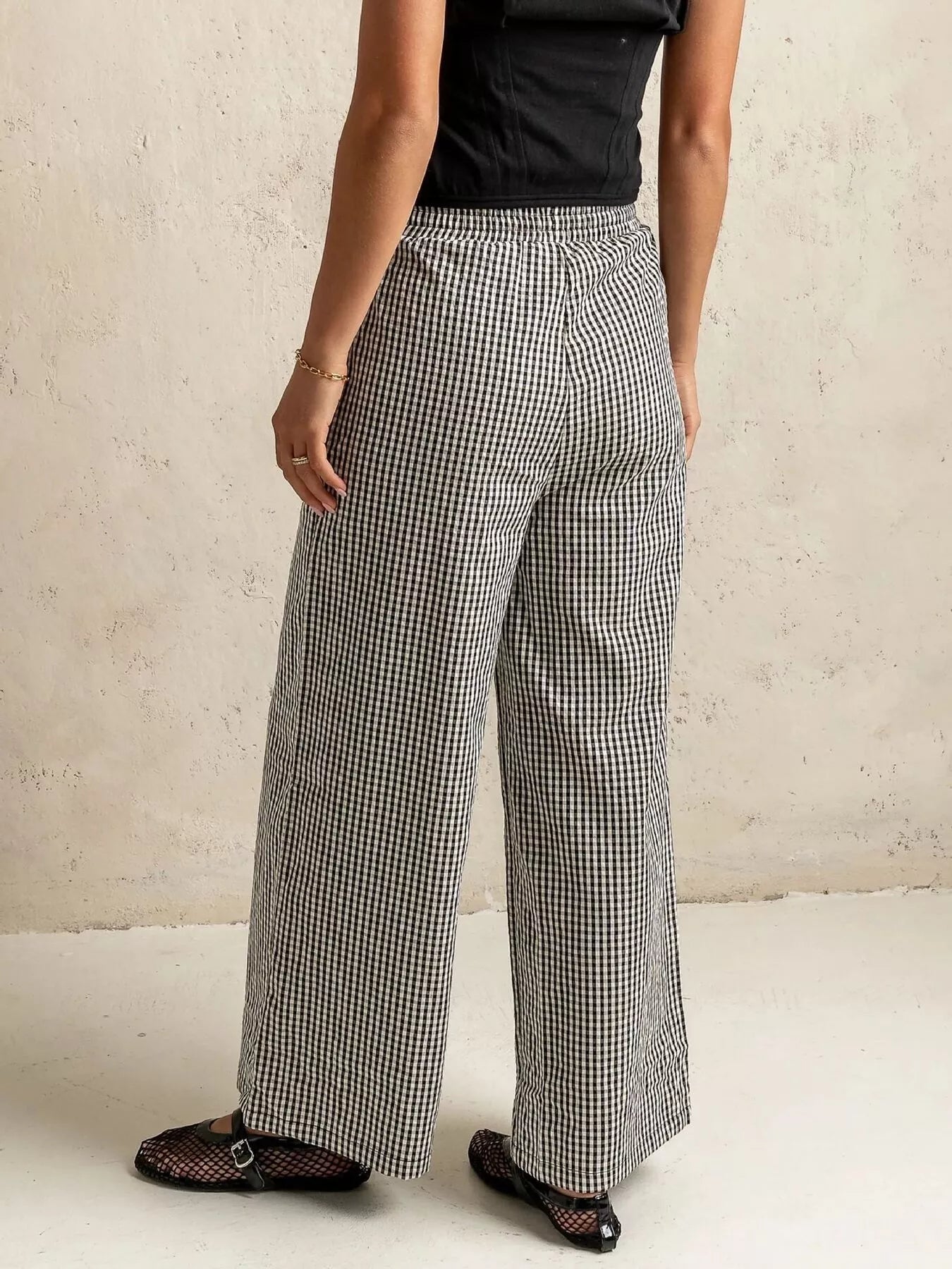 Gingham Print Wide Leg Casual Pants