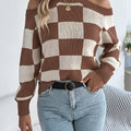 Cold Shoulder Checkered Long Sleeve Sweater