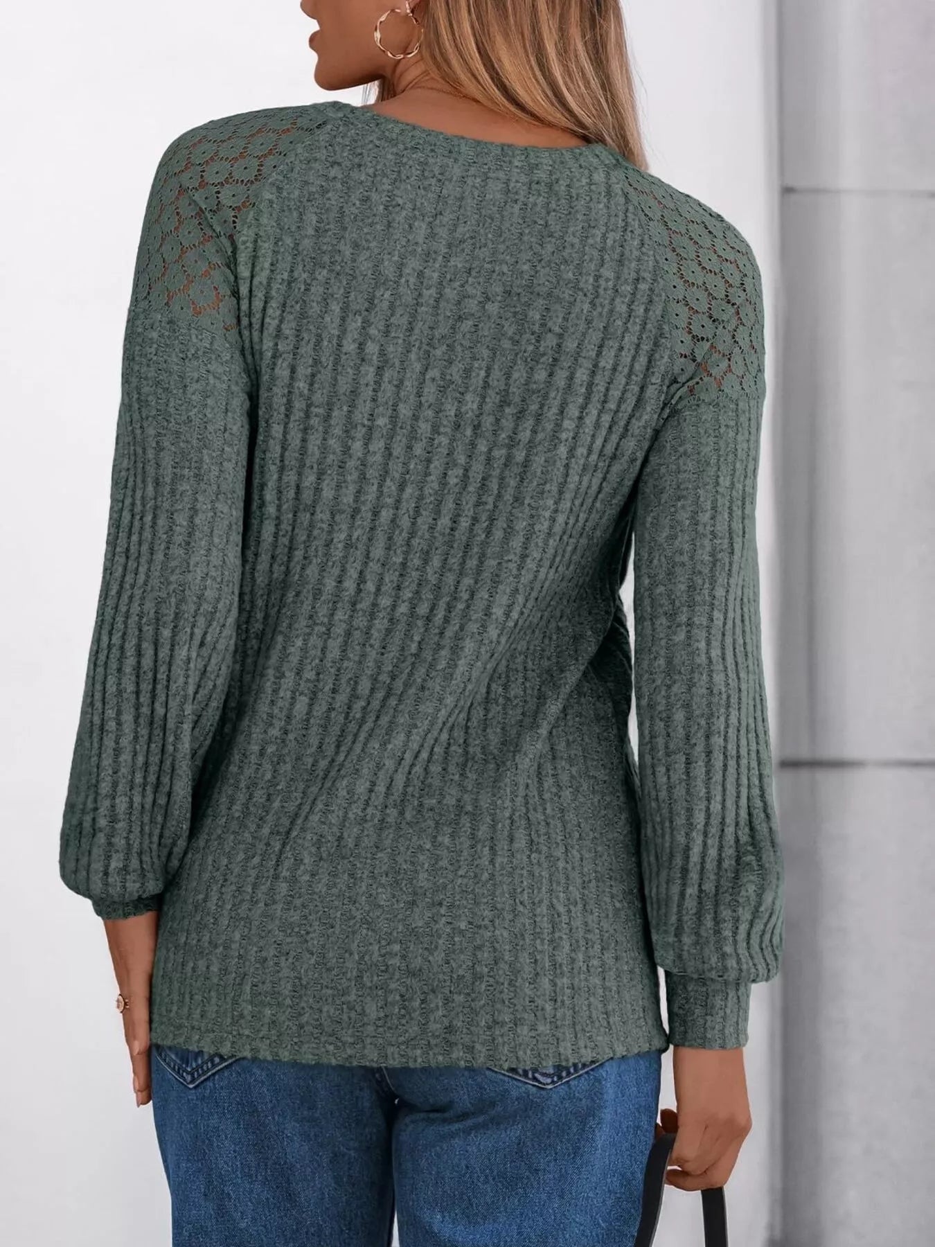 Ribbed Knit T-Shirt with Lace Shoulder Detail