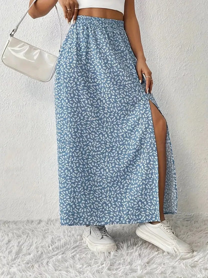 Slit Printed Skirt Light Blue