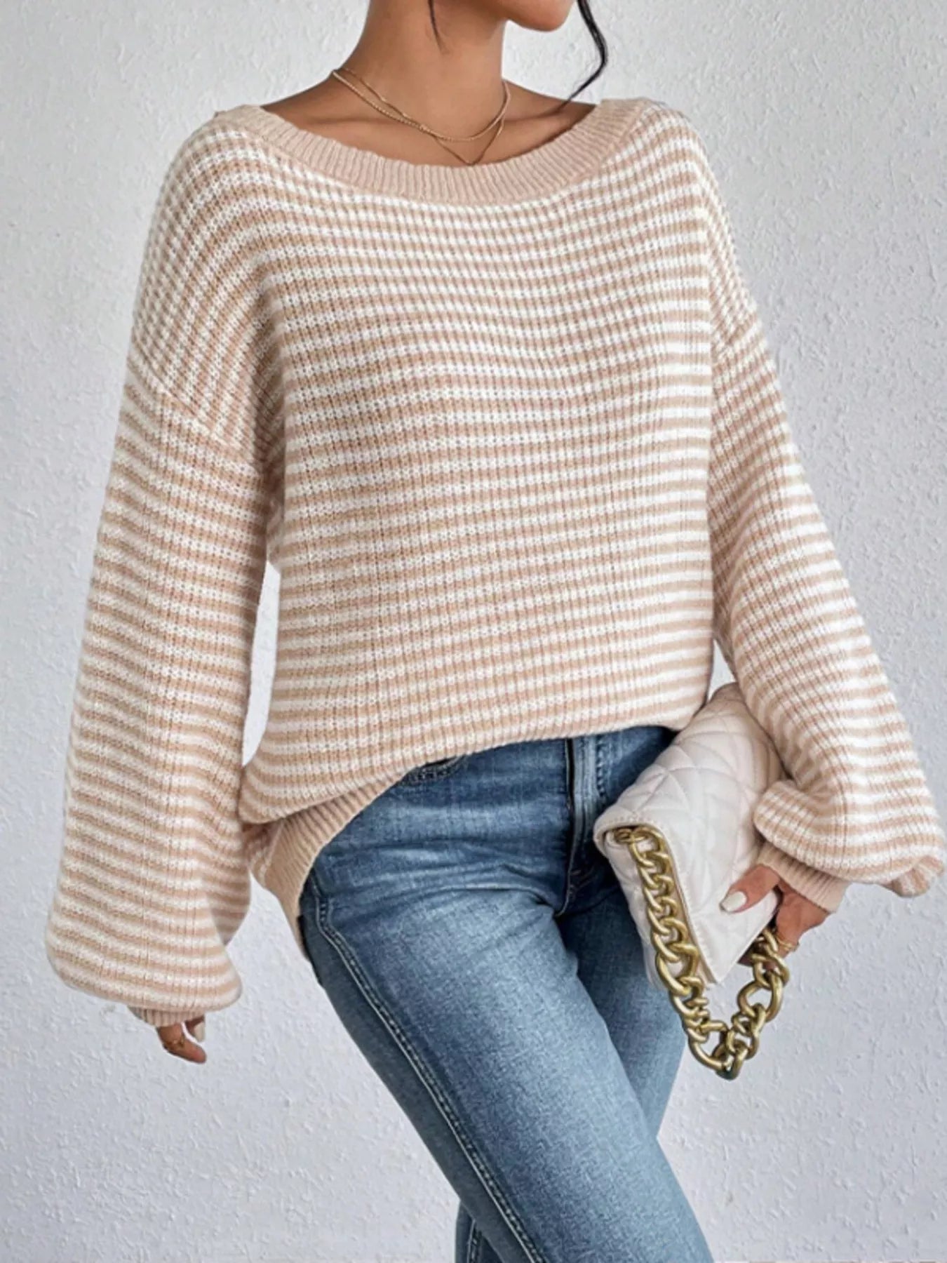Striped Boat Neck Long Sleeve Sweater Apricot