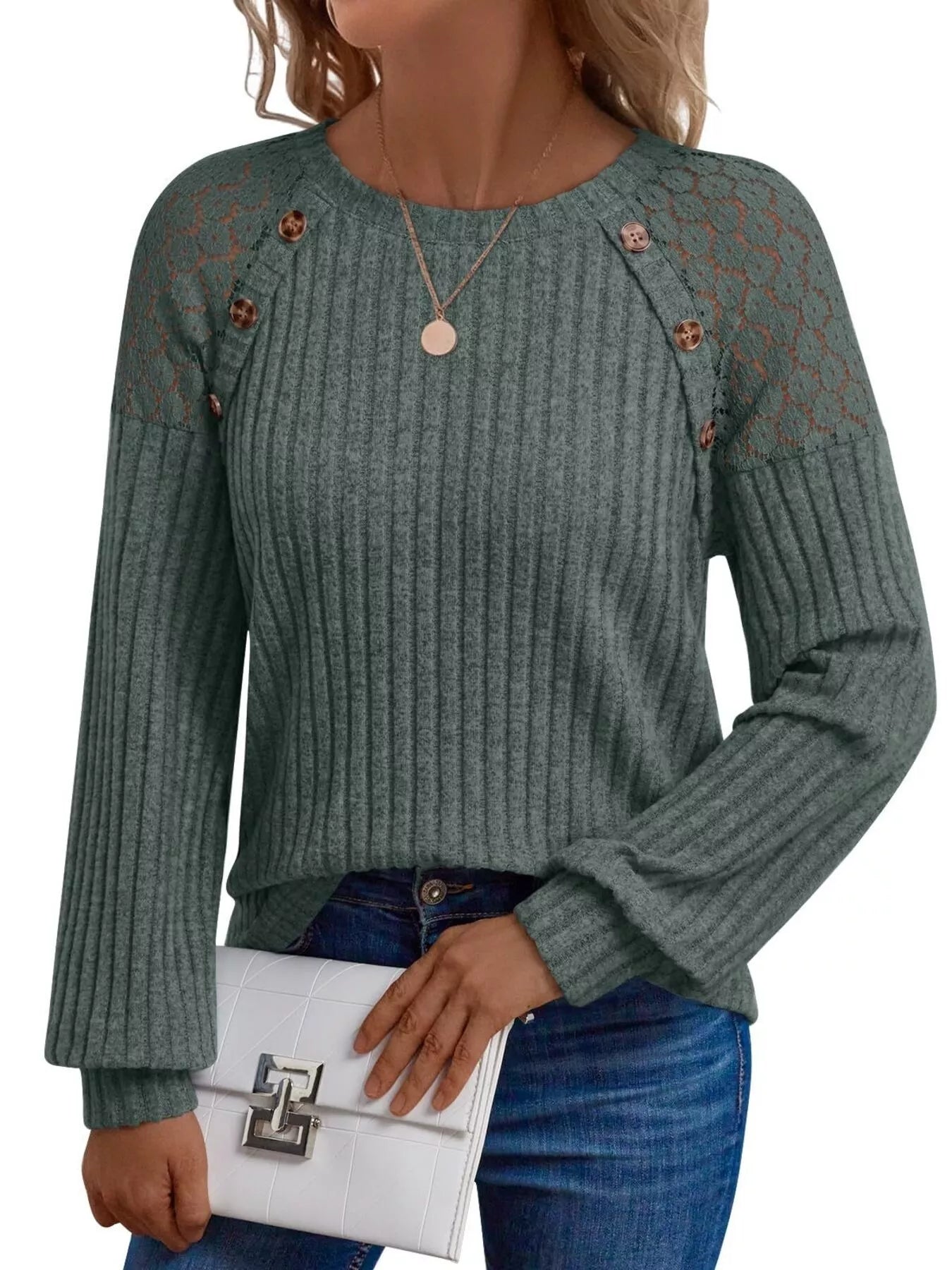 Ribbed Knit T-Shirt with Lace Shoulder Detail Olive Green