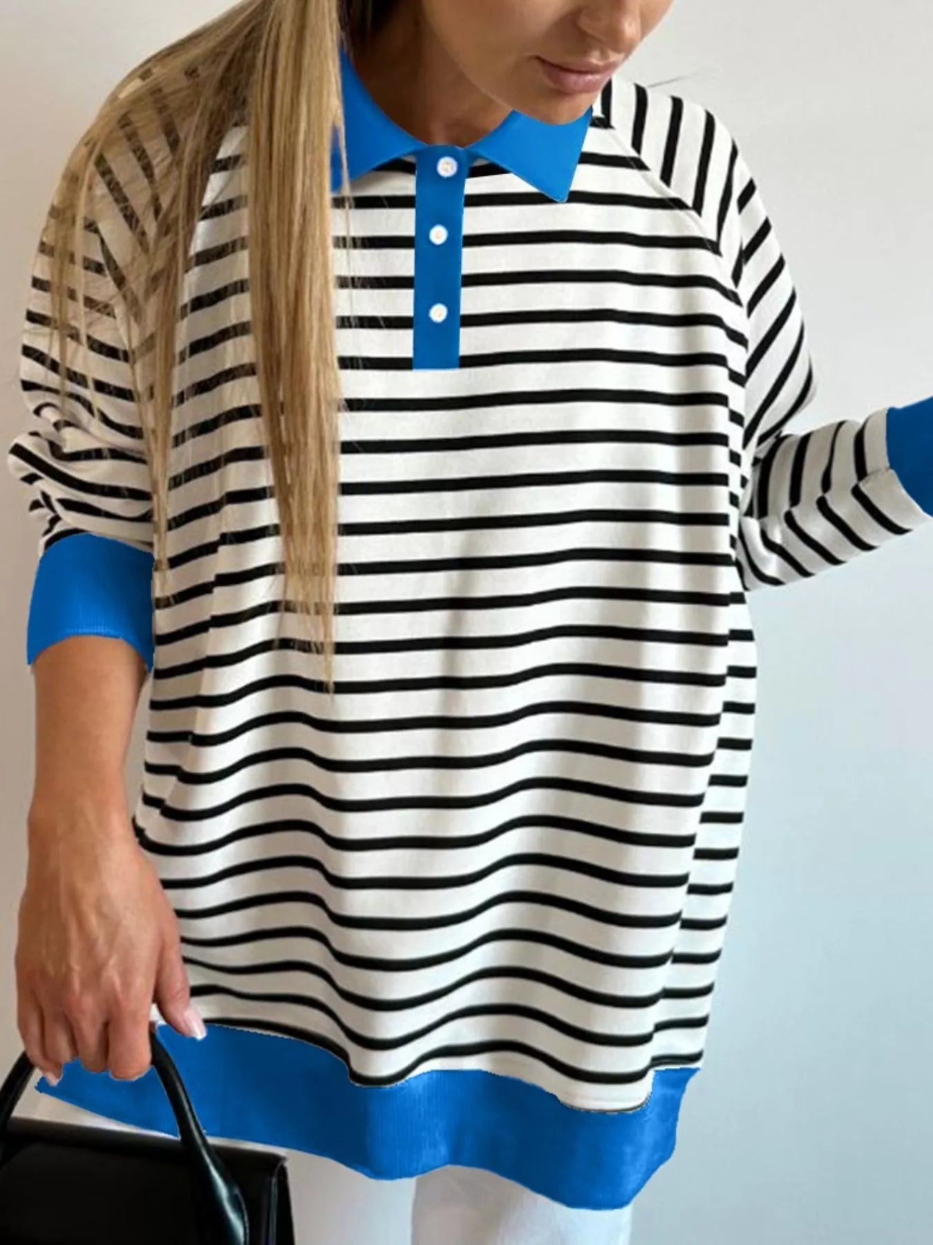 Striped Polo Collar Long Sleeve Sweatshirt