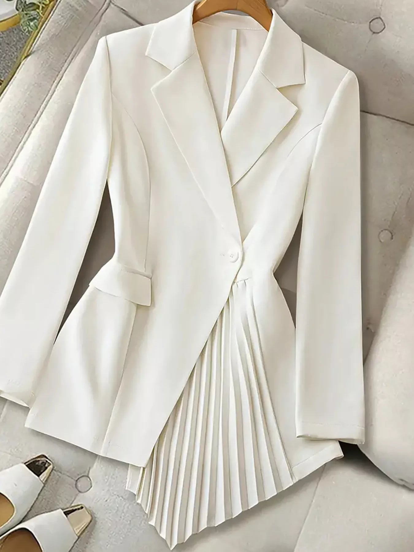 One Button Asymmetric Pleated Hem Blazer White