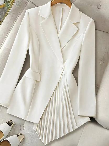 One Button Asymmetric Pleated Hem Blazer White