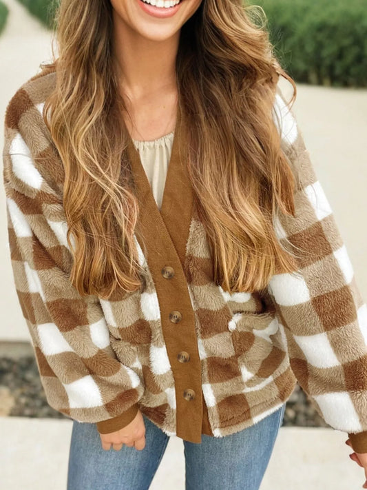 Checkered Sherpa Loose Knit Cardigan with Pockets Camel