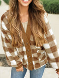 Checkered Sherpa Loose Knit Cardigan with Pockets Camel