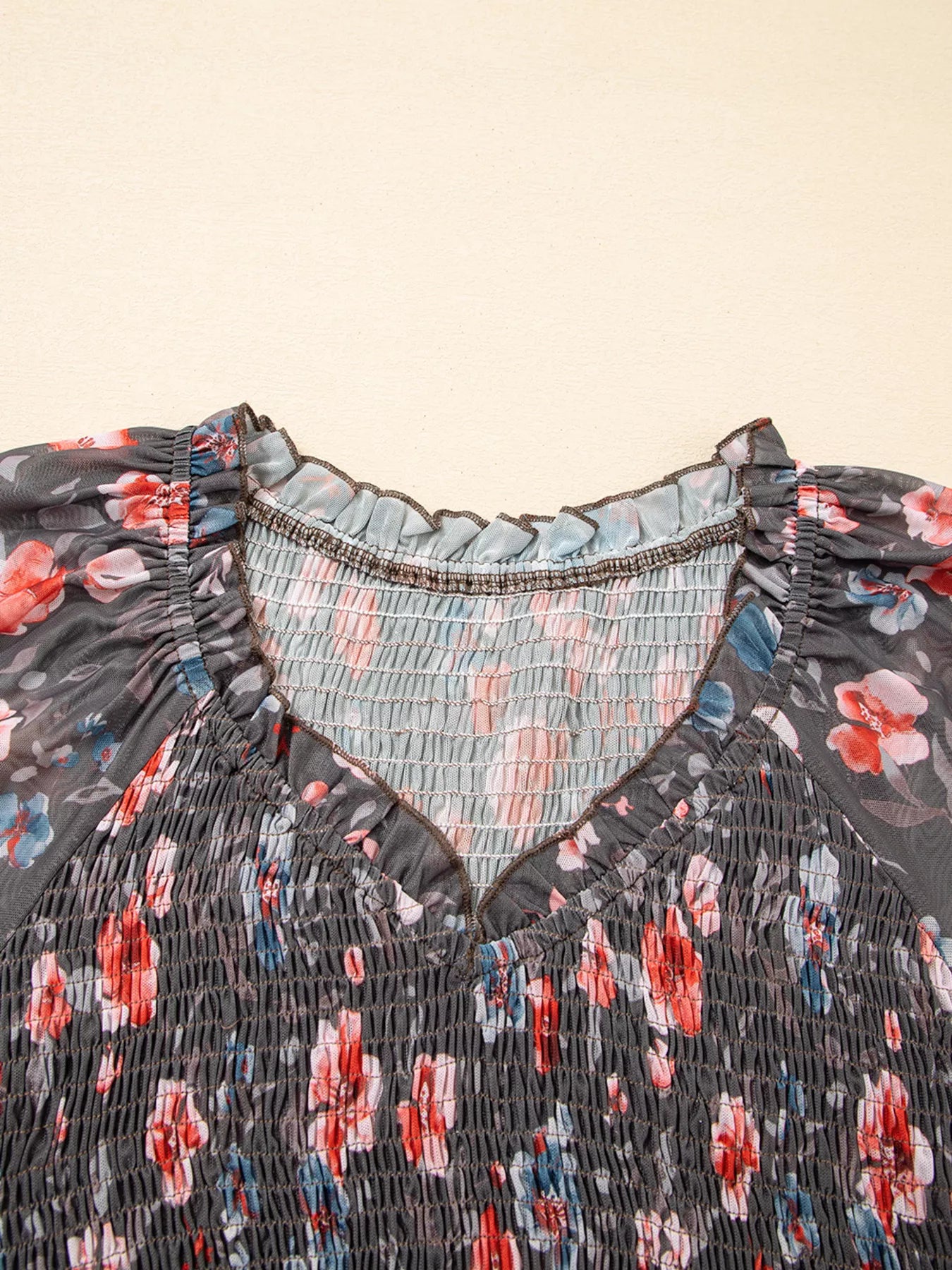 Frilly Smocked Bodice Floral Mesh Long Sleeve Mini Dress